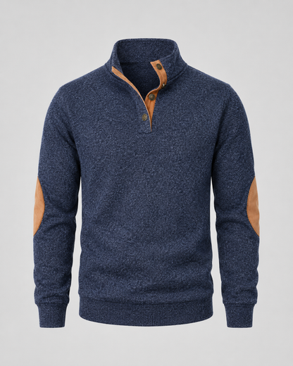 Men's Heathered Button Neck Sweater - Stand Collar Elbow Patches