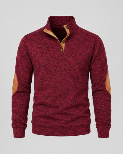 Men's Heathered Button Neck Sweater - Stand Collar Elbow Patches