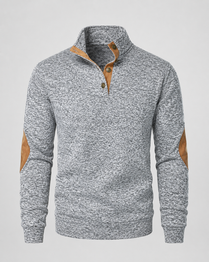 Men's Heathered Button Neck Sweater - Stand Collar Elbow Patches