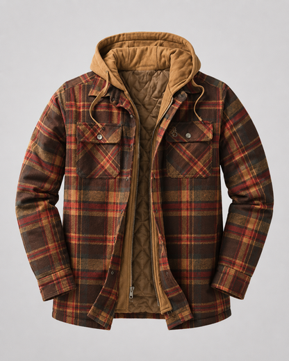 Men's Hooded Plaid Shacket - Quilted Lined Zip Front