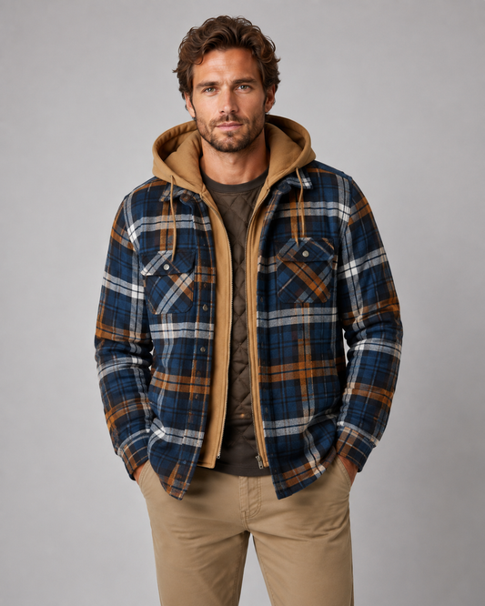 Men's Hooded Plaid Shacket - Quilted Lined Zip Front