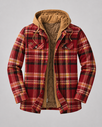 Men's Hooded Plaid Shacket - Quilted Lined Zip Front
