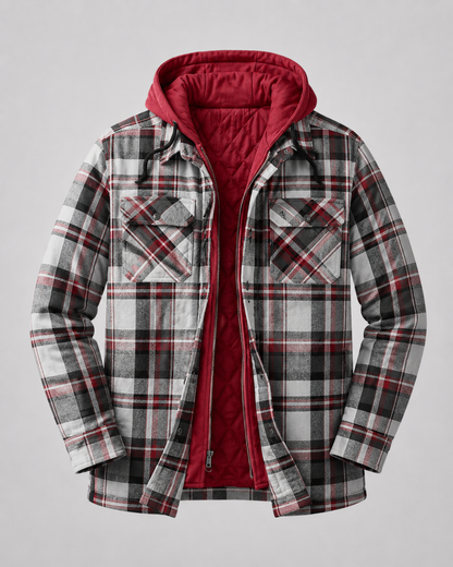 Men's Hooded Plaid Shacket - Quilted Lined Zip Front