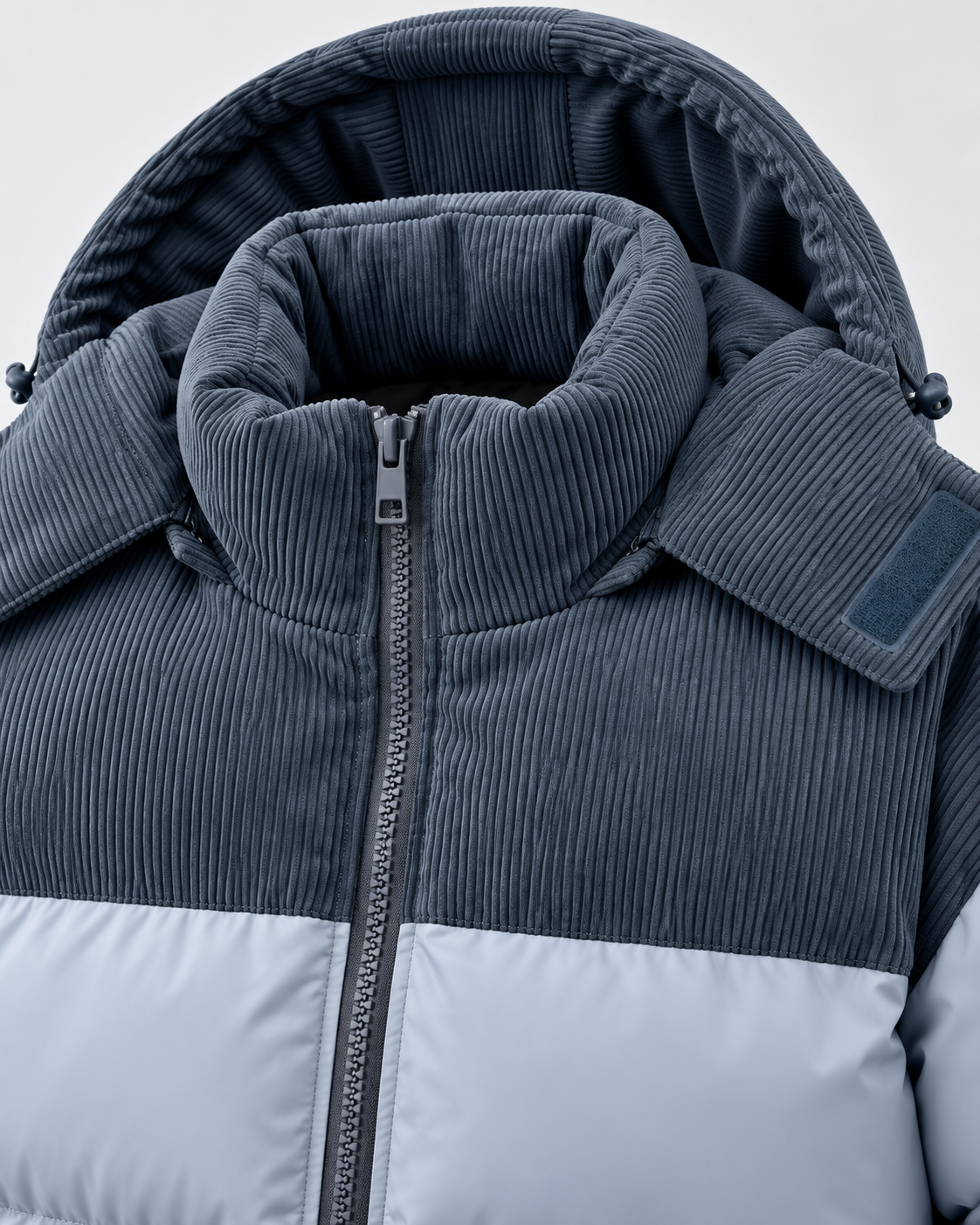 Men's Hooded Puffer Jacket - Corduroy Panel Zip-Up Regular Fit