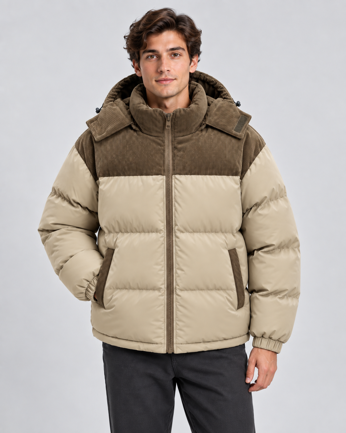 Men's Hooded Puffer Jacket - Corduroy Panel Zip-Up Regular Fit