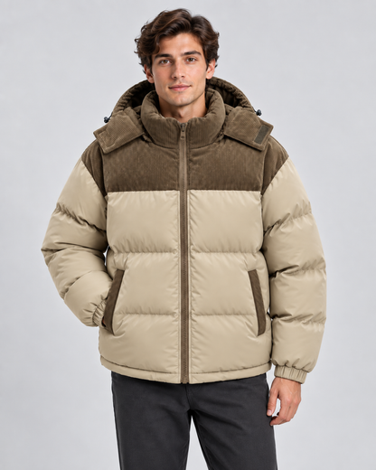 Men's Hooded Puffer Jacket - Corduroy Panel Zip-Up Regular Fit
