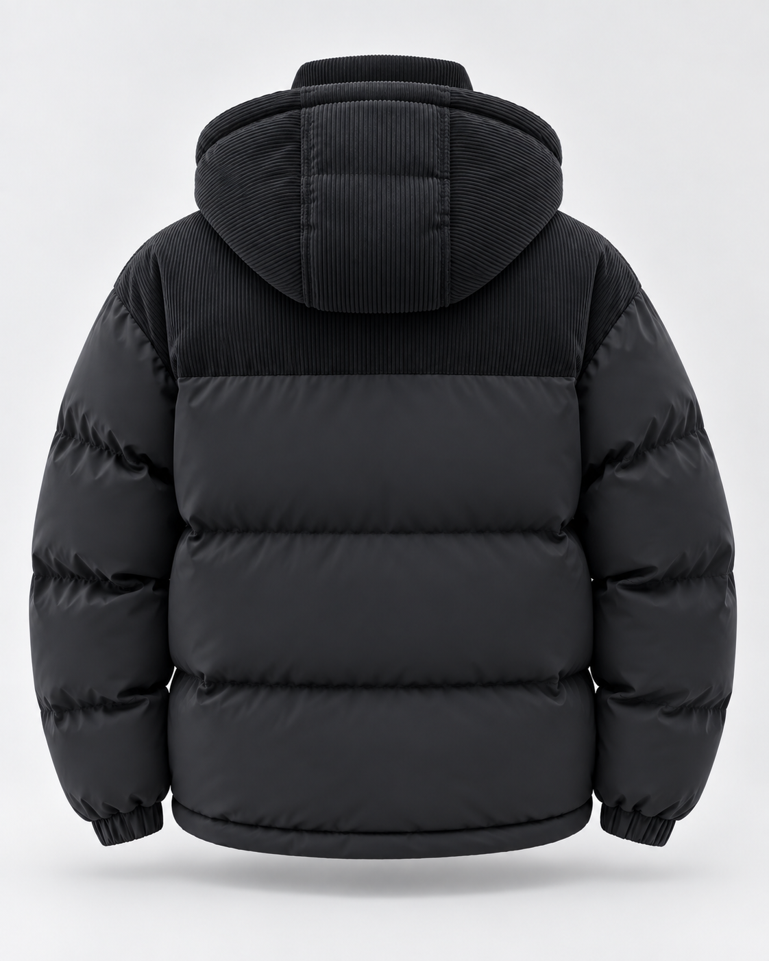Men's Hooded Puffer Jacket - Corduroy Panel Zip-Up Regular Fit
