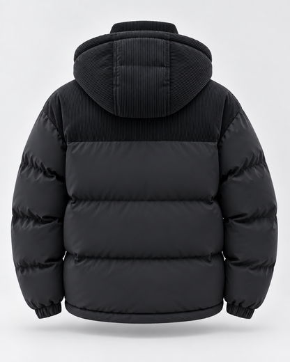 Men's Hooded Puffer Jacket - Corduroy Panel Zip-Up Regular Fit