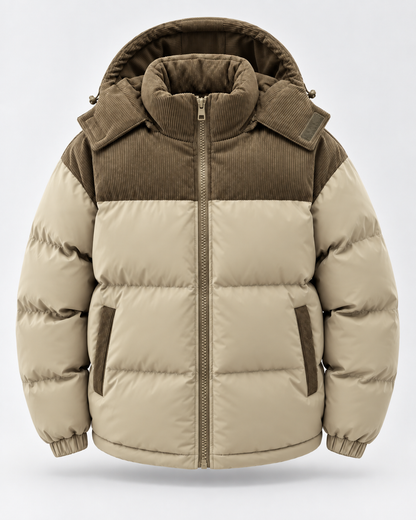 Men's Hooded Puffer Jacket - Corduroy Panel Zip-Up Regular Fit