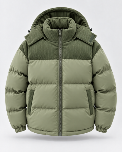 Men's Hooded Puffer Jacket - Corduroy Panel Zip-Up Regular Fit