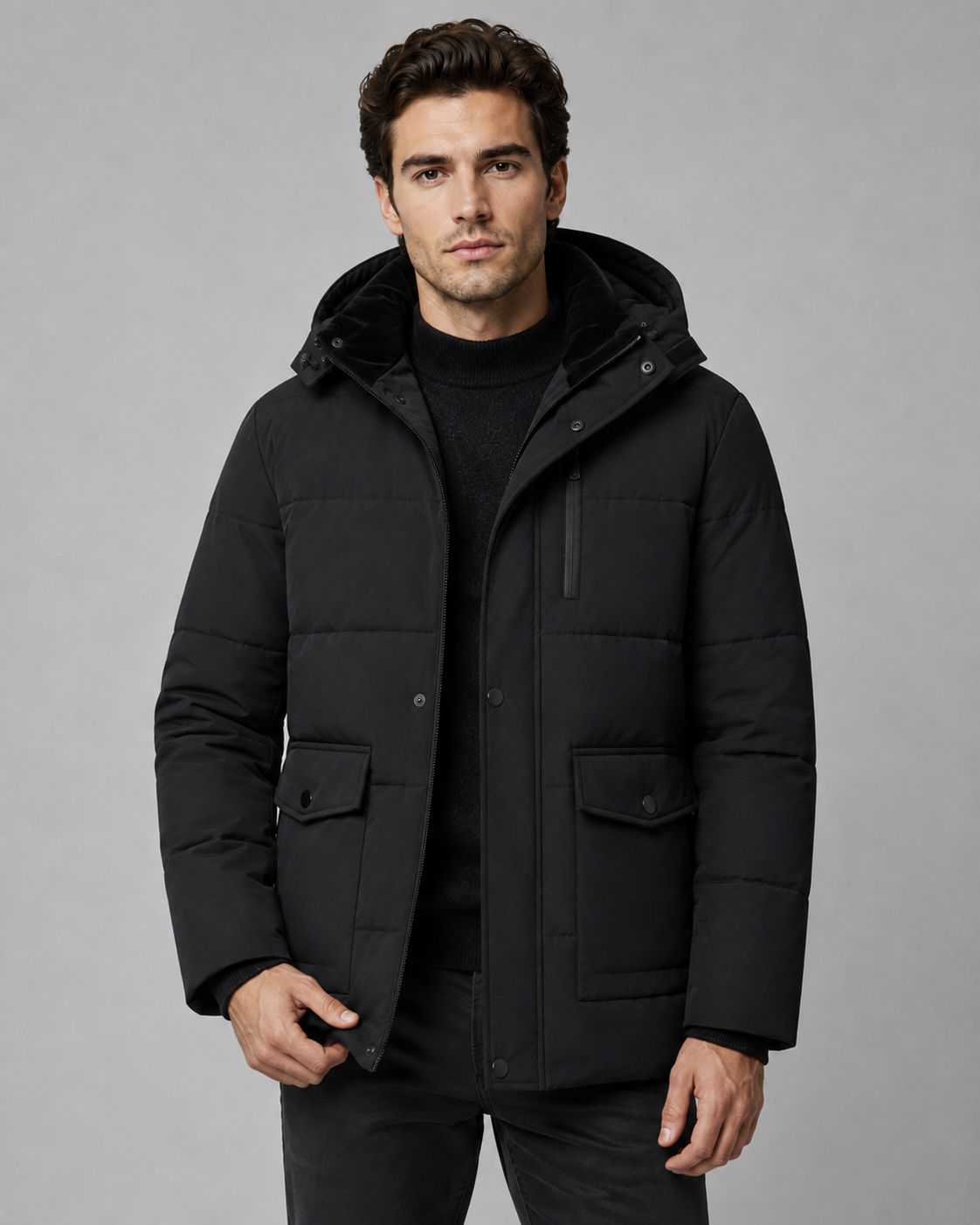 Men's Hooded Puffer Jacket – Quilted Plush-Lined Regular Fit