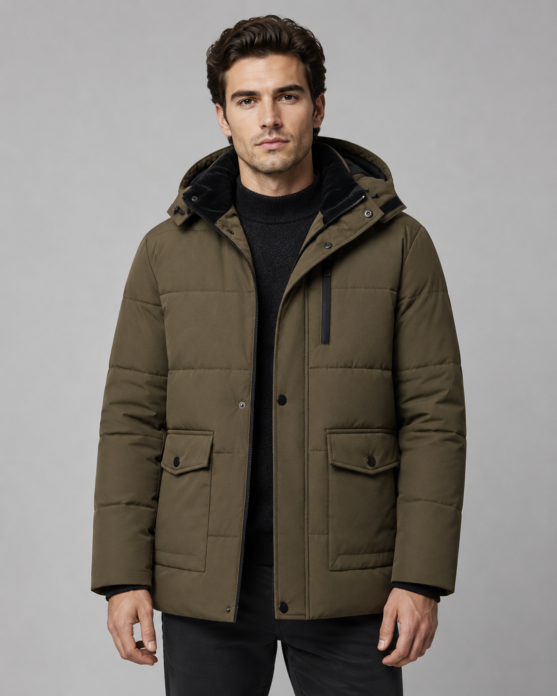Men's Hooded Puffer Jacket – Quilted Plush-Lined Regular Fit