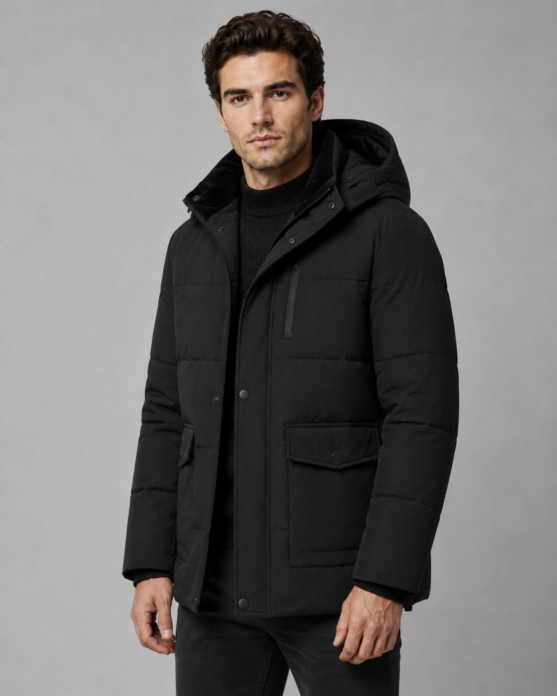 Men's Hooded Puffer Jacket – Quilted Plush-Lined Regular Fit