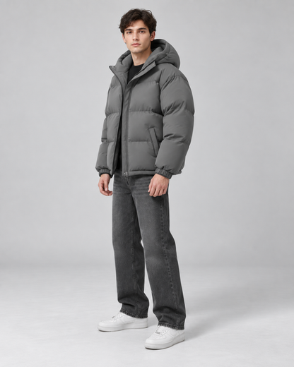 Men's Hooded Puffer Jacket - Quilted Relaxed Fit Drawcord Hem