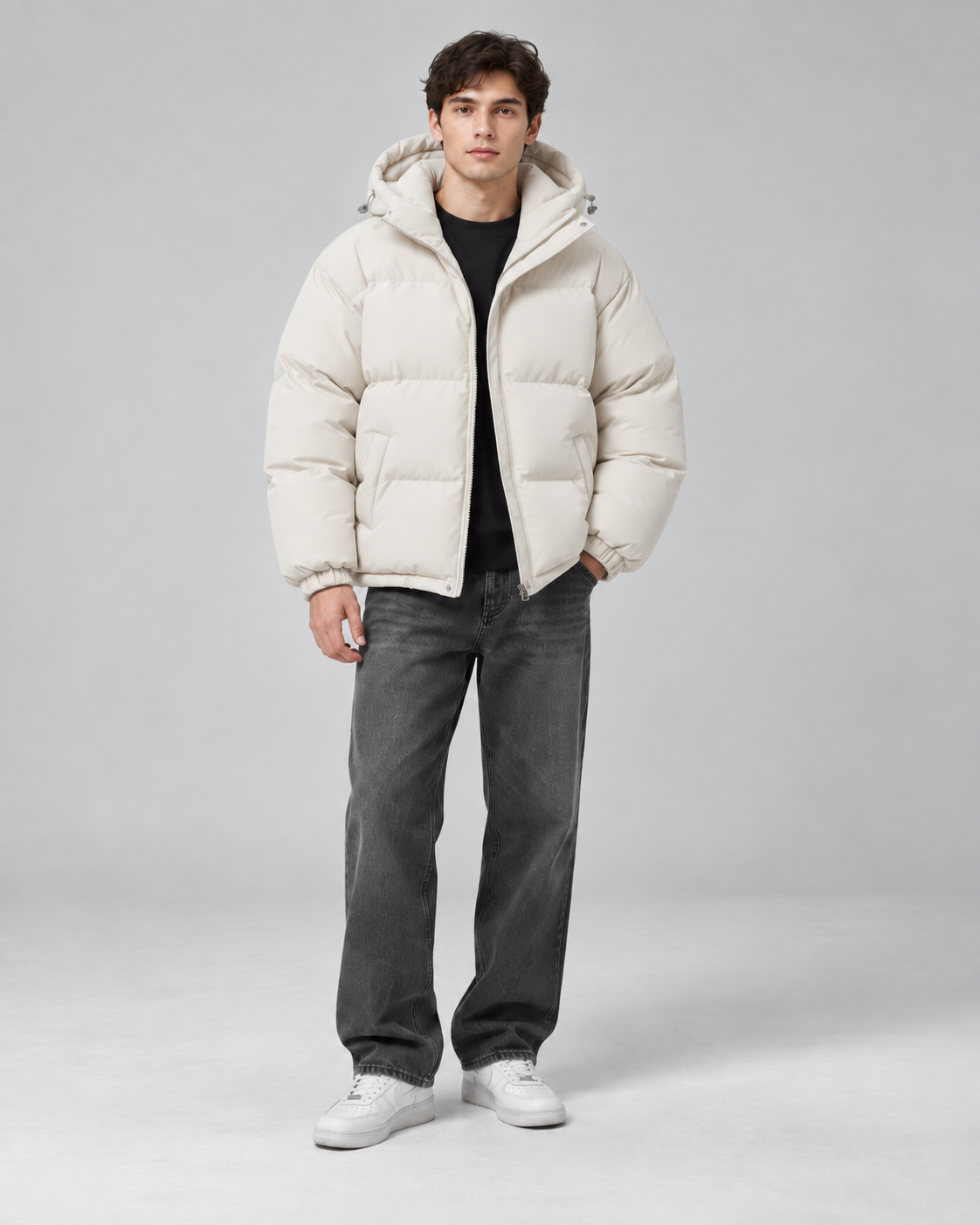 Men's Hooded Puffer Jacket - Quilted Relaxed Fit Drawcord Hem