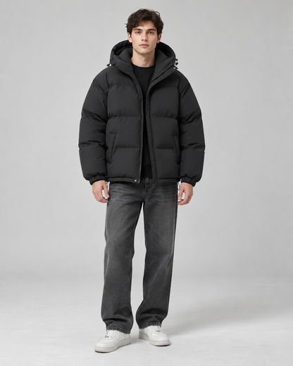 Men's Hooded Puffer Jacket - Quilted Relaxed Fit Drawcord Hem