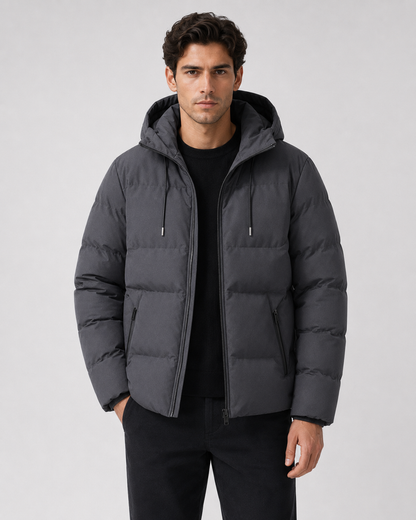 Men's Winter Puffer Jacket with Drawstring Hood and Zip Pockets