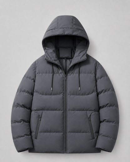 Men's Winter Puffer Jacket with Drawstring Hood and Zip Pockets