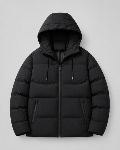 Men's Winter Puffer Jacket with Drawstring Hood and Zip Pockets