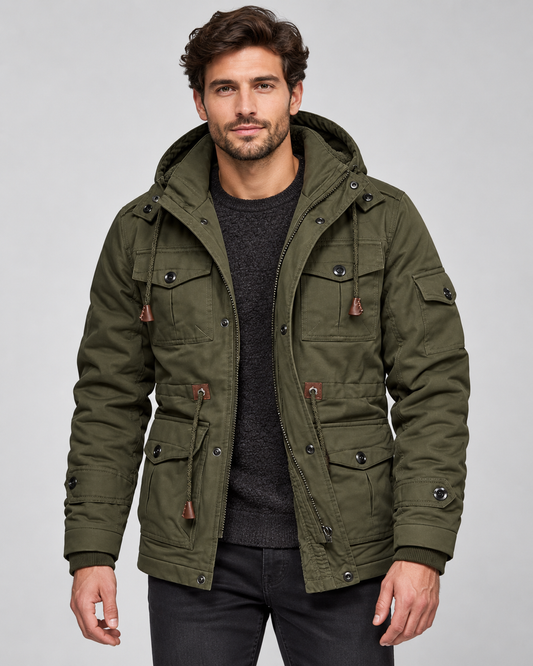 Men's Hooded Utility Parka - Fleece-Lined Multi-Pocket Regular Fit