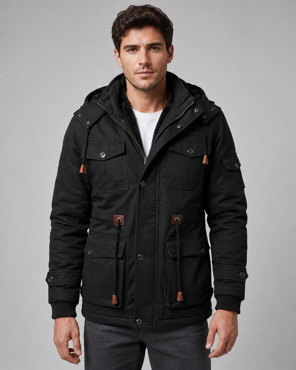 Men's Hooded Winter Jacket – Multi-Pocket Utility Regular Fit