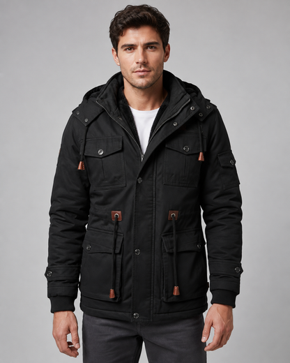 Men's Hooded Winter Jacket – Multi-Pocket Utility Regular Fit