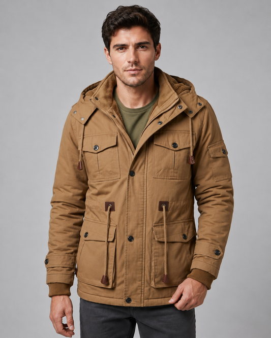 Men's Hooded Winter Jacket – Multi-Pocket Utility Regular Fit