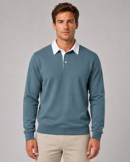 Men's Knitted Polo Sweater - Contrast Collar Long Sleeve