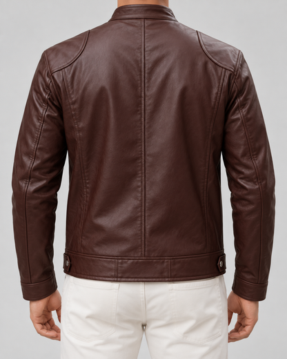 Men's Leather Cafe Racer Jacket - Stand Collar Zip Front Hip Length