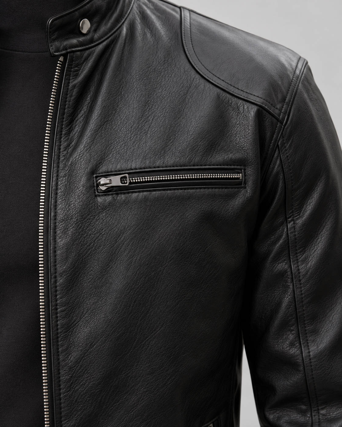 Men's Leather Cafe Racer Jacket - Stand Collar Zip Front Hip Length