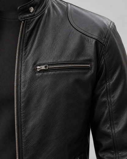 Men's Leather Cafe Racer Jacket - Stand Collar Zip Front Hip Length