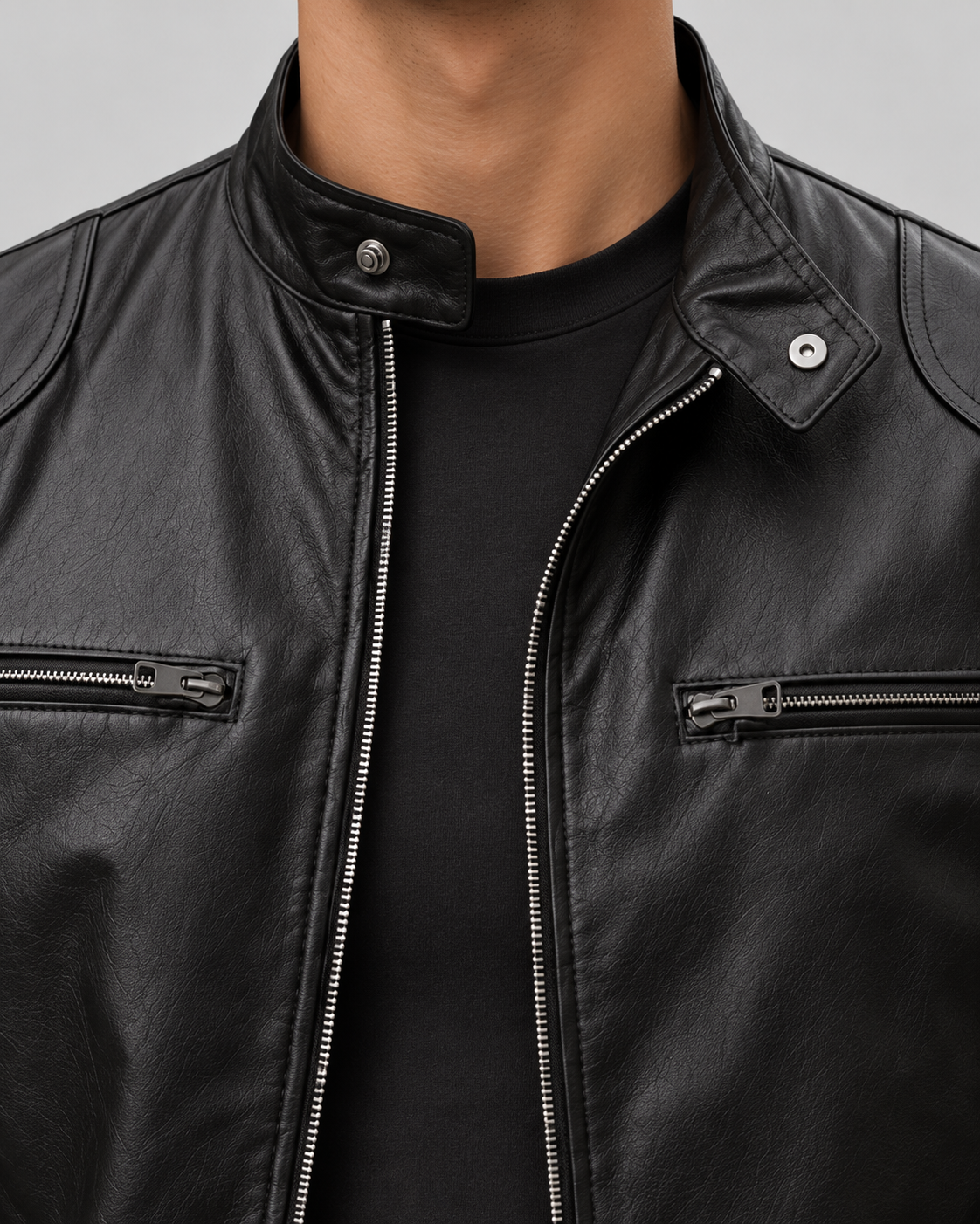 Men's Leather Cafe Racer Jacket - Stand Collar Zip Front Hip Length