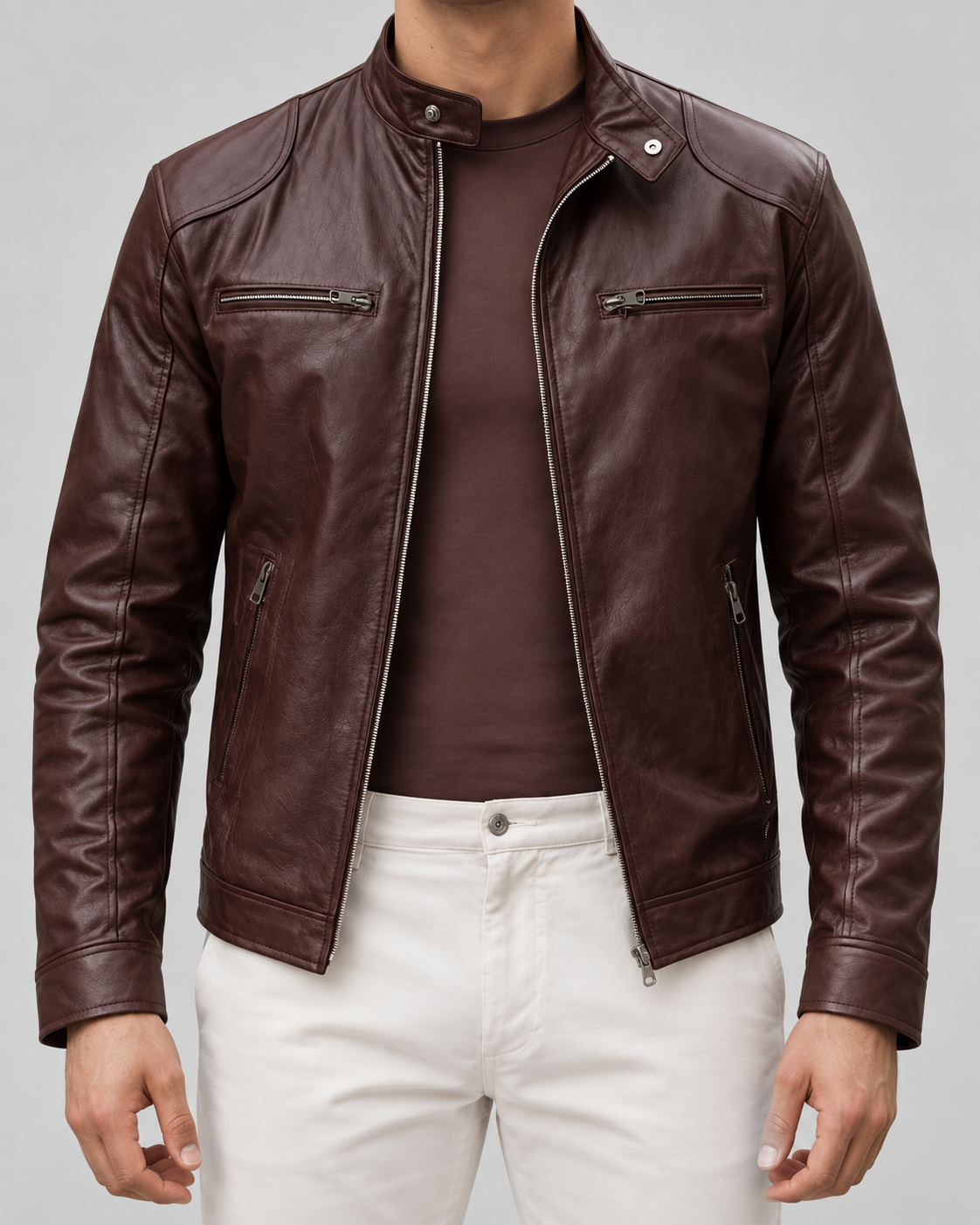 Men's Leather Cafe Racer Jacket - Stand Collar Zip Front Hip Length