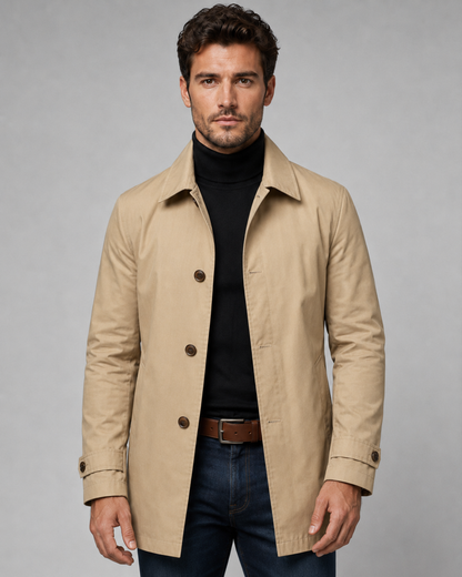 Men's Long Car Coat - Button Front Point Collar Regular Fit