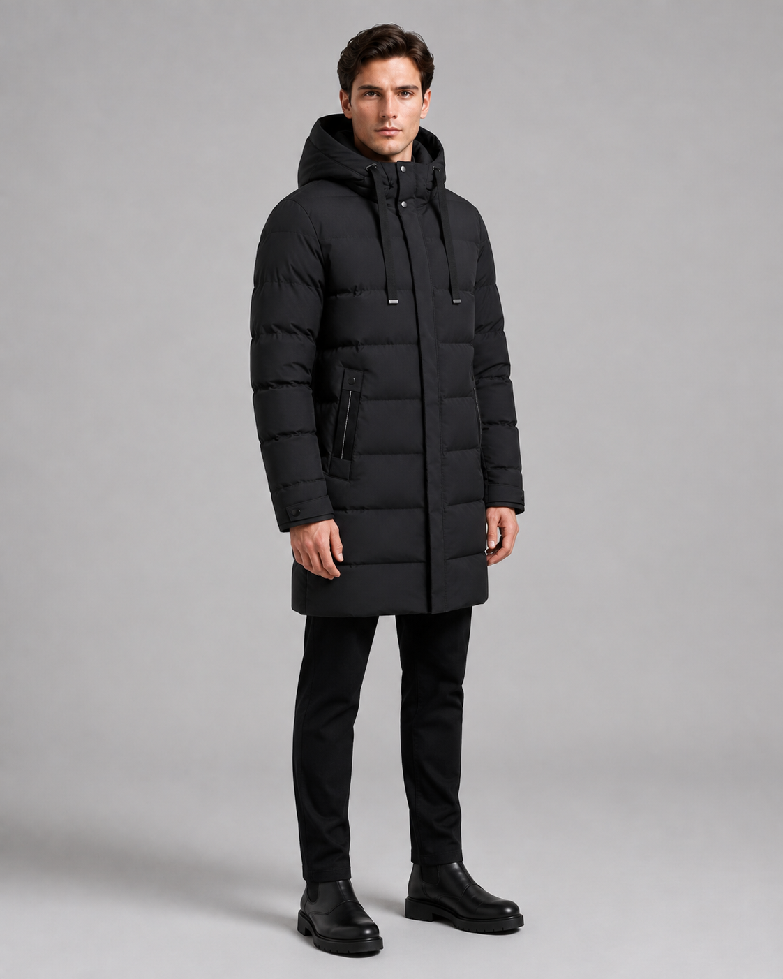 Men's Long Padded Parka - Hooded Quilted Design