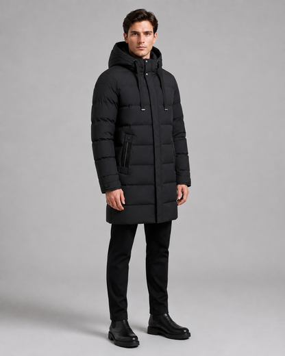 Men's Long Padded Parka - Hooded Quilted Design