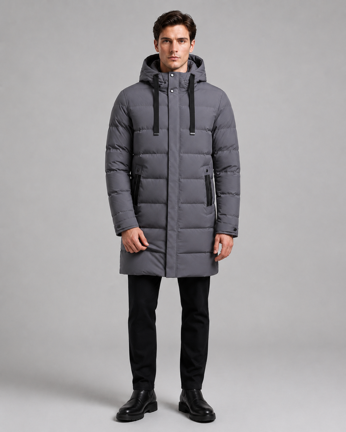 Men's Long Padded Parka - Hooded Quilted Design