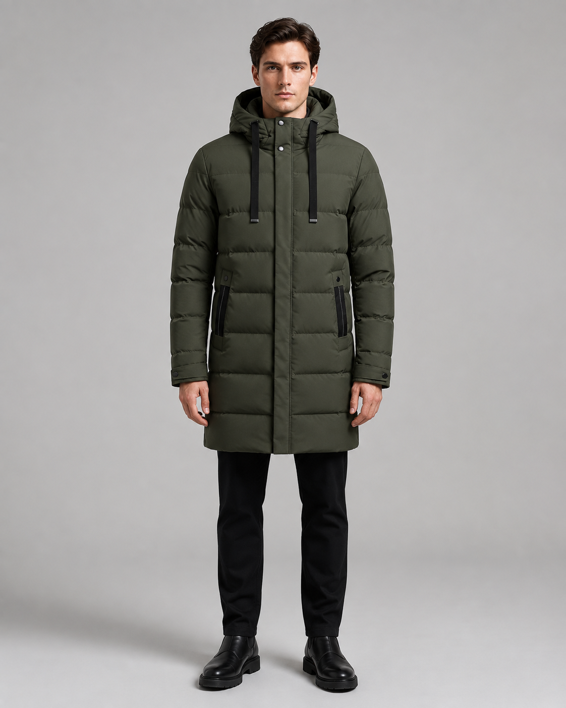 Men's Long Padded Parka - Hooded Quilted Design