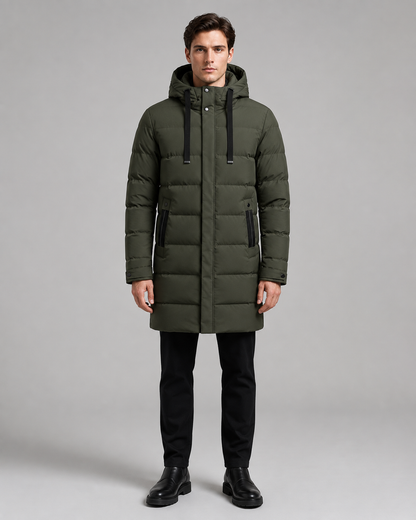 Men's Long Padded Parka - Hooded Quilted Design