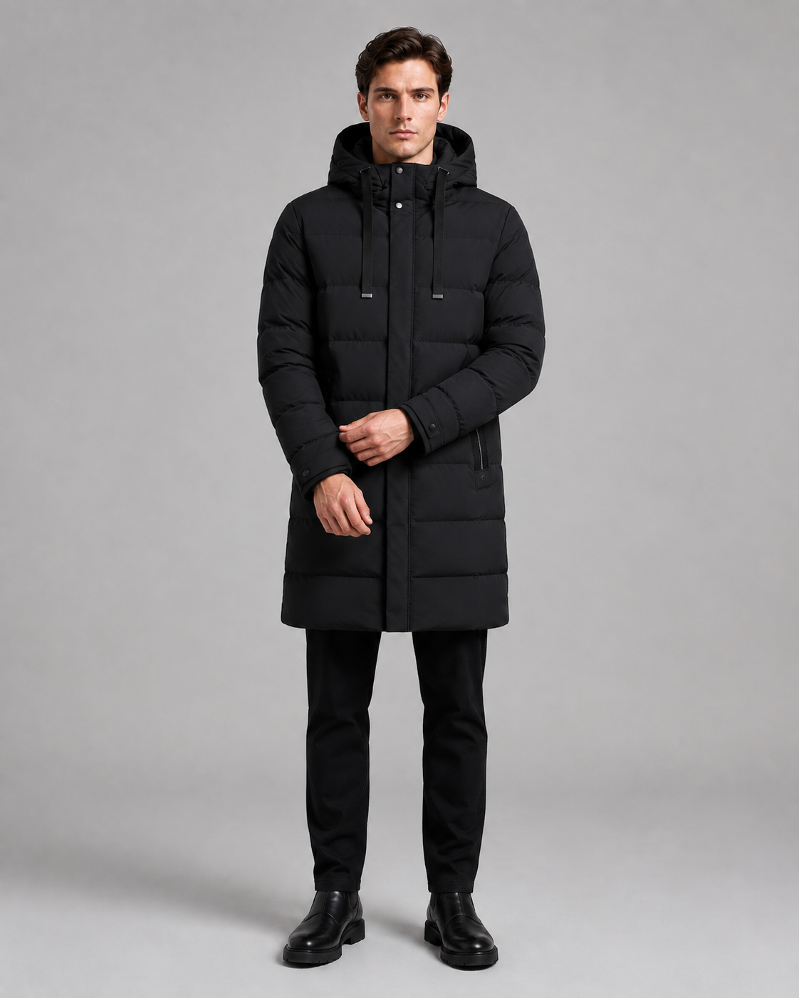 Men's Long Padded Parka - Hooded Quilted Design