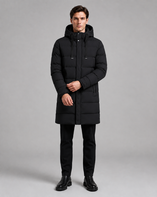 Men's Long Padded Parka - Hooded Quilted Design