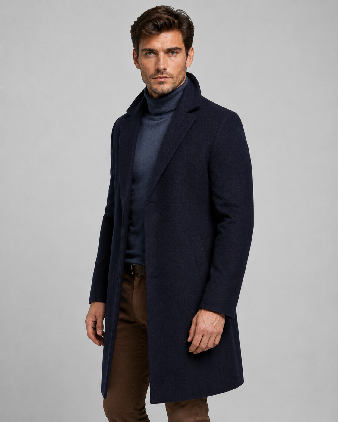 Men's Long Single-Breasted Overcoat - Notch Lapel Tailored Fit