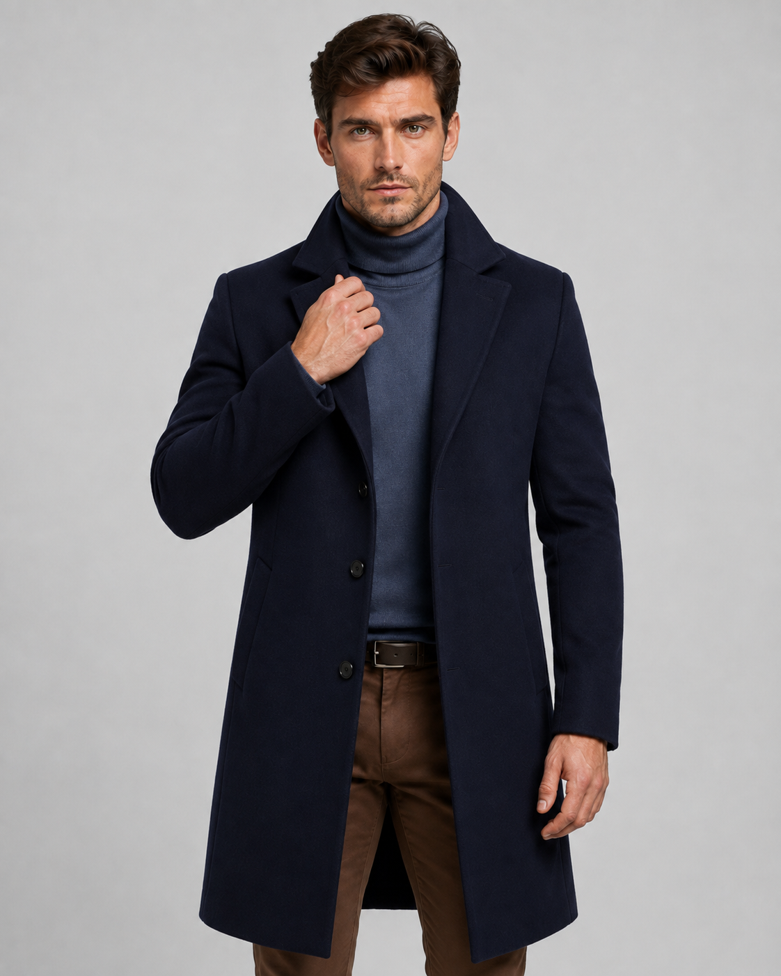 Men's Long Single-Breasted Overcoat - Notch Lapel Tailored Fit