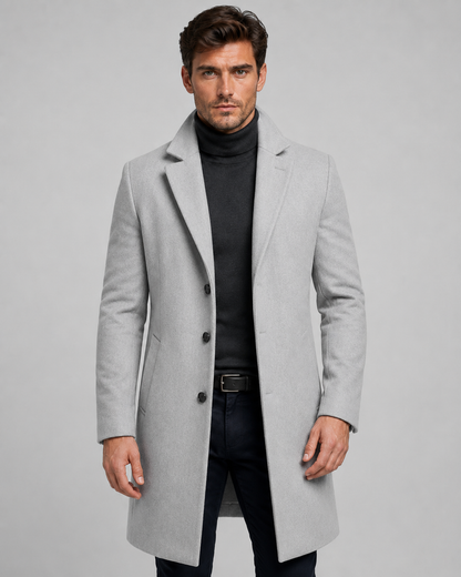 Men's Long Single-Breasted Overcoat - Notch Lapel Tailored Fit