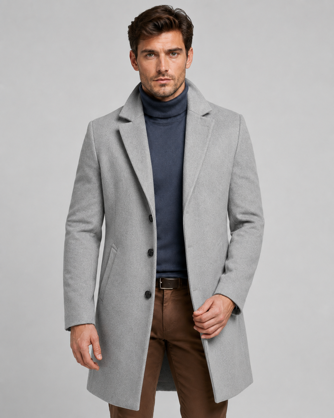 Men's Long Single-Breasted Overcoat - Notch Lapel Tailored Fit