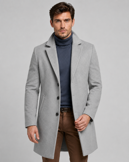 Men's Long Single-Breasted Overcoat - Notch Lapel Tailored Fit