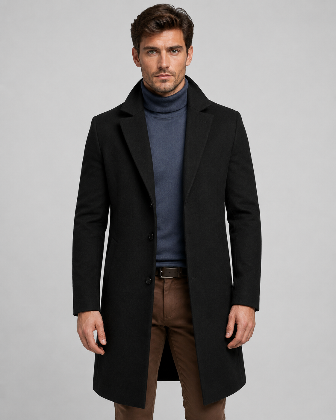 Men's Long Single-Breasted Overcoat - Notch Lapel Tailored Fit