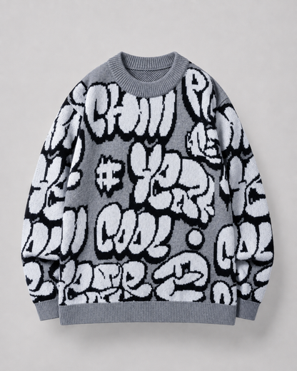 Men's Oversized Graphic Knit Sweater - Graffiti Drop Shoulder Fit