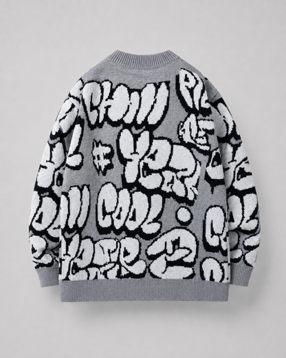 Men's Oversized Graphic Knit Sweater - Graffiti Drop Shoulder Fit