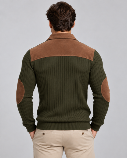 Men's Ribbed Quarter Zip Sweater - Contrast Yoke Regular Fit